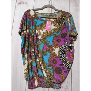 Women XL Bold Baroque Print Blouse Top Kimono Sleeve Smocked Hem Silk Blend